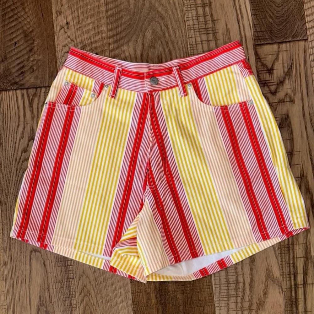 Vintage Dungaree Skoozi Bright Striped High-Waisted Denim Mom Shorts Size 9